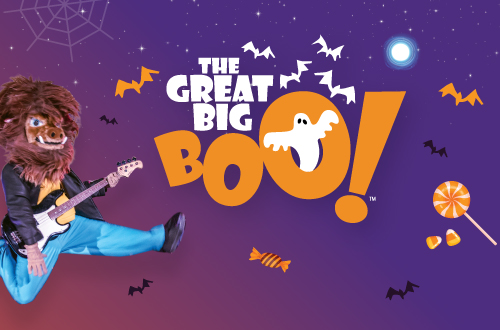 The Great Big Boo logo with Wolfgang Werewolf playing a black and white guitar