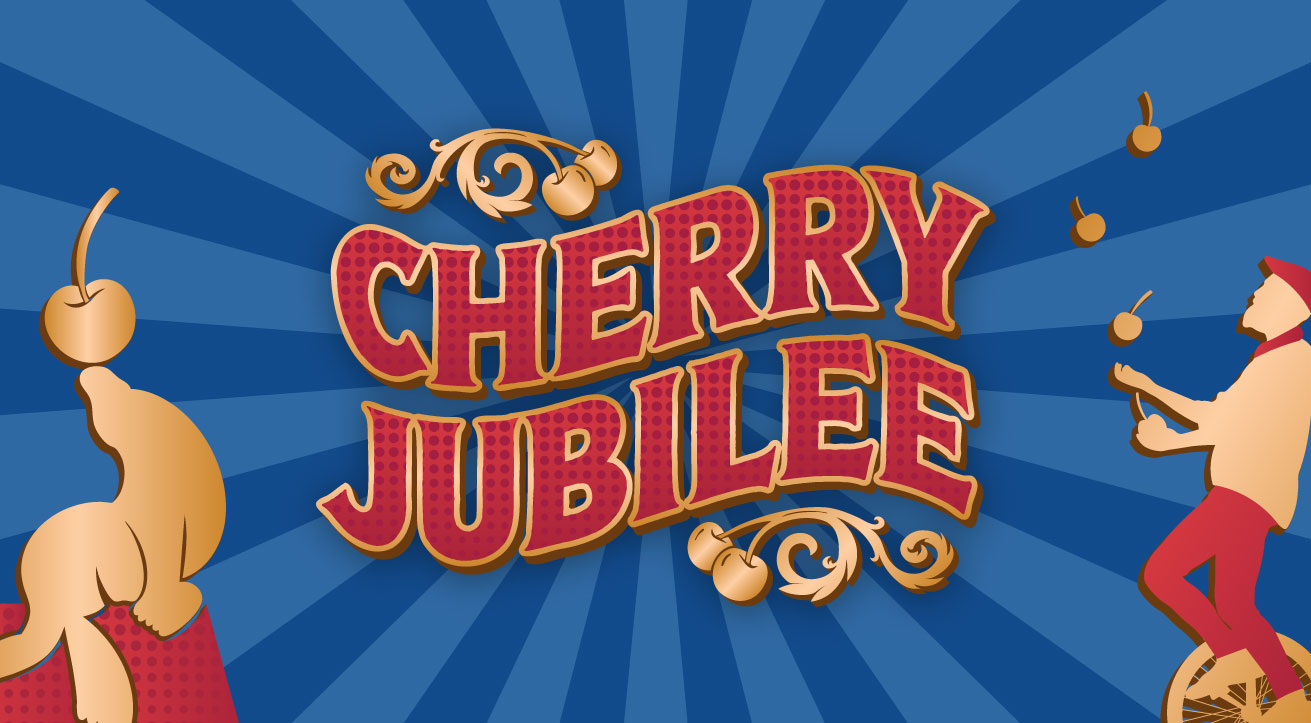 Cherry Julibee logo with a seal balancing a cherry on its nose and a juggler juggling cherries on a unicycle