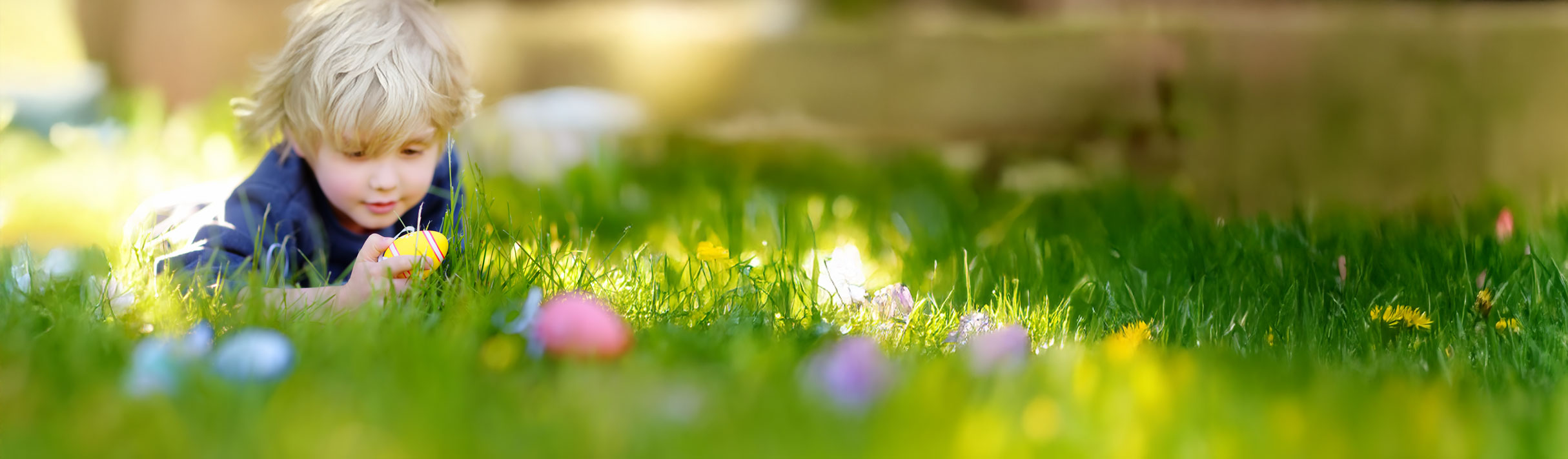 Young blonde boy in a blue shirt laying on the grass looking at a yellow egg with white and red strips