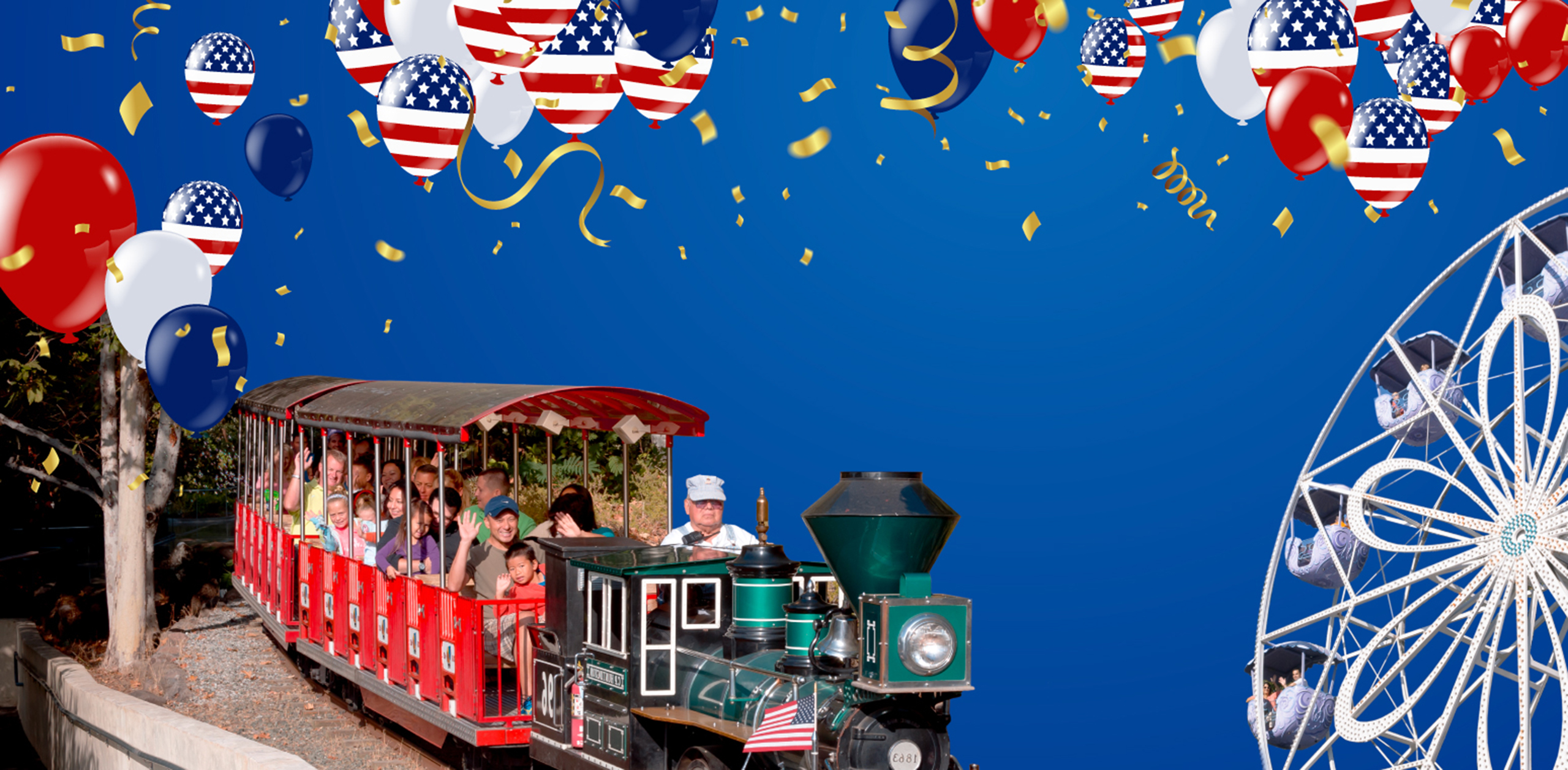 Families on the Bonfante Railroad Train Ride waving and smiling