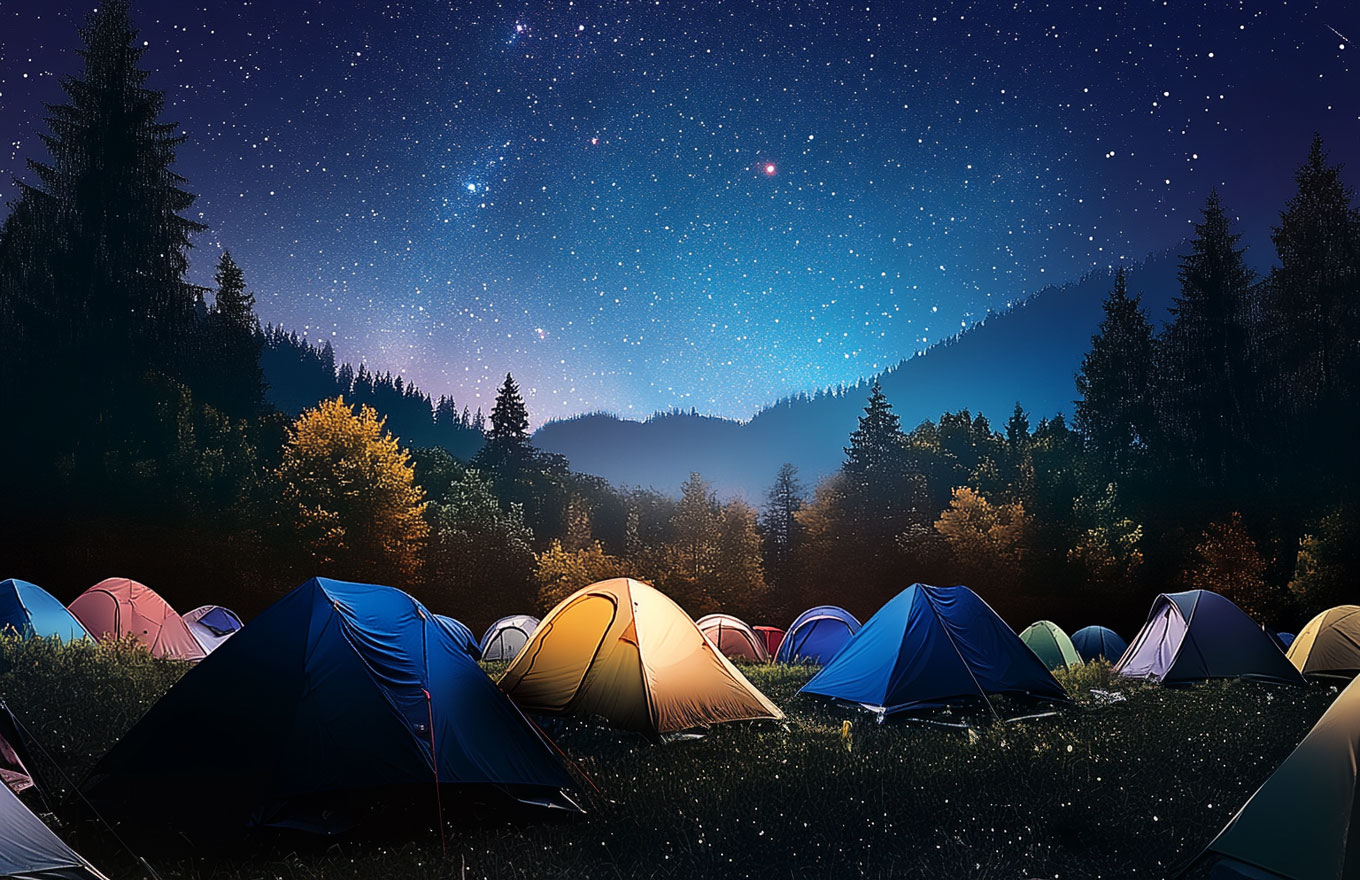A dozen tents in various colors under the night sky with many stars to view