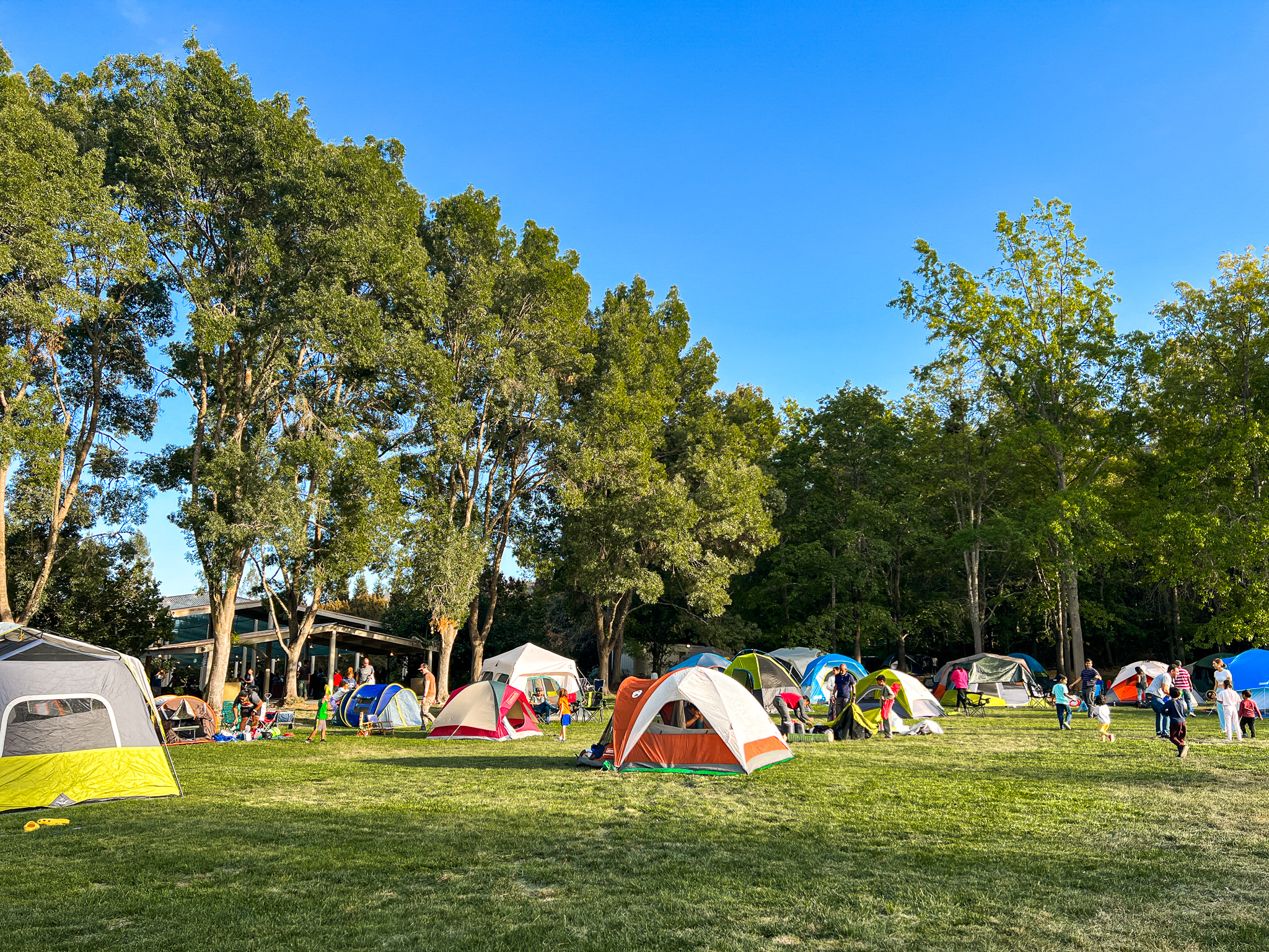 Camp night at Gilroy Gardens with dozens of colorful tents pitched on the beautiful green grass