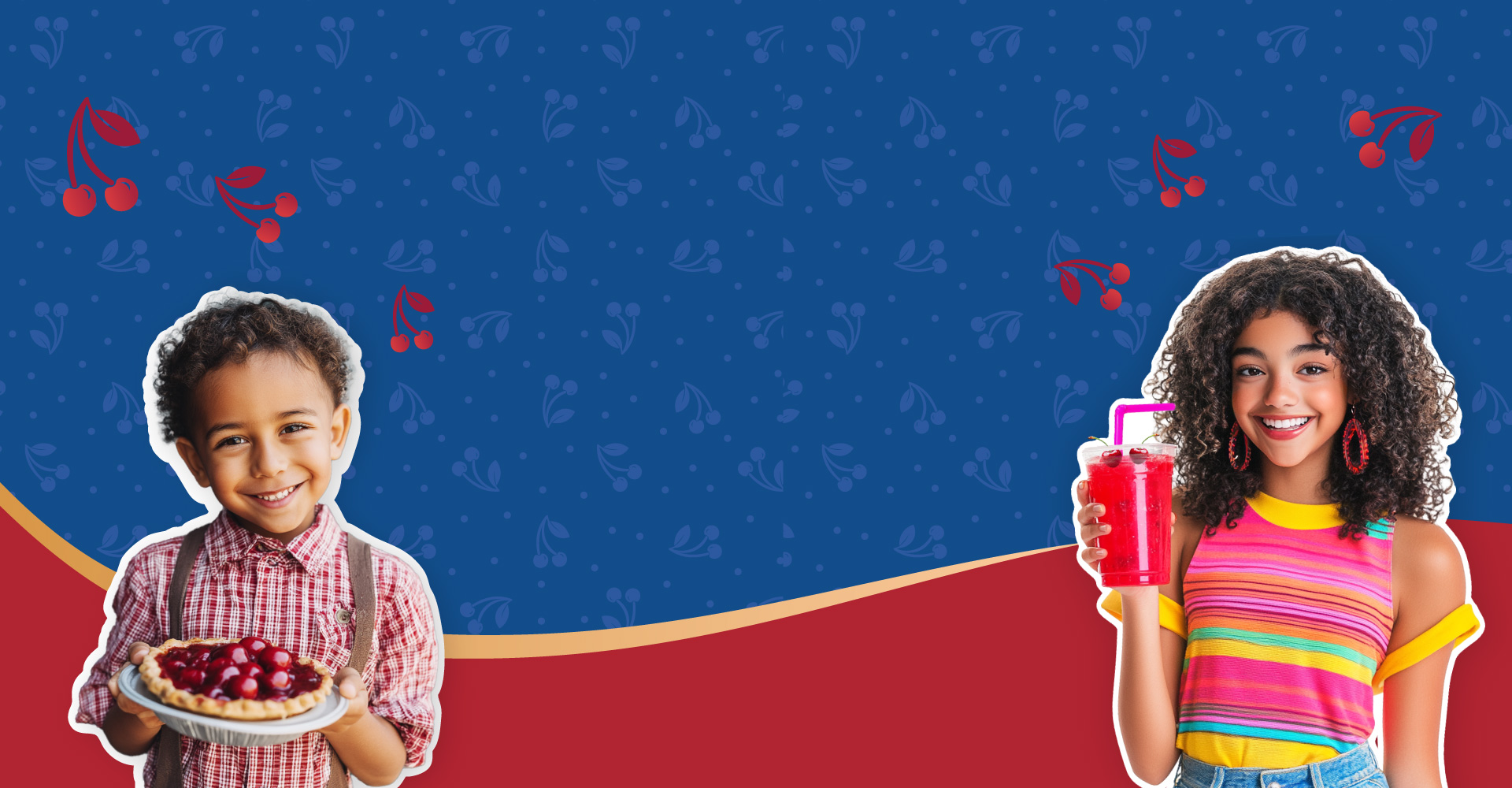 Young boy in red and white checkered shirt smiling while holding a cherry pie and teen girl in a colorful shirt smiling while holding a cherry drink