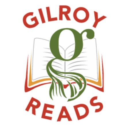 Green letter G with a garlic bulb in top of a book that says Gilroy Reads